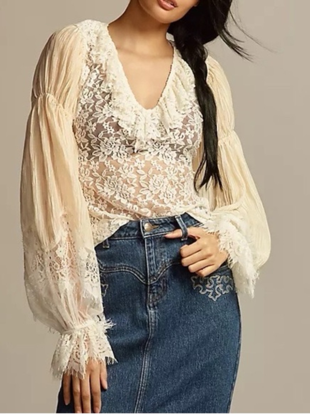 Anthropologie Cream Sheer Lace Ruffled V-Neck Blouse